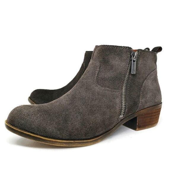 Lucky Brand Betwixt Dark Grey Suede Dual Side-Zip Block Heel Ankle Booties - Picture 1 of 13